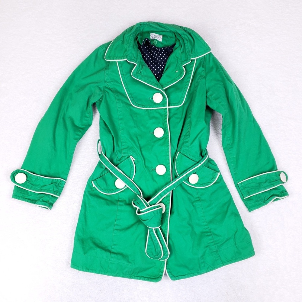 Formengirl‎ Green Belted Trench Coat Women's M Polka Dot Lining Retro Mod Style